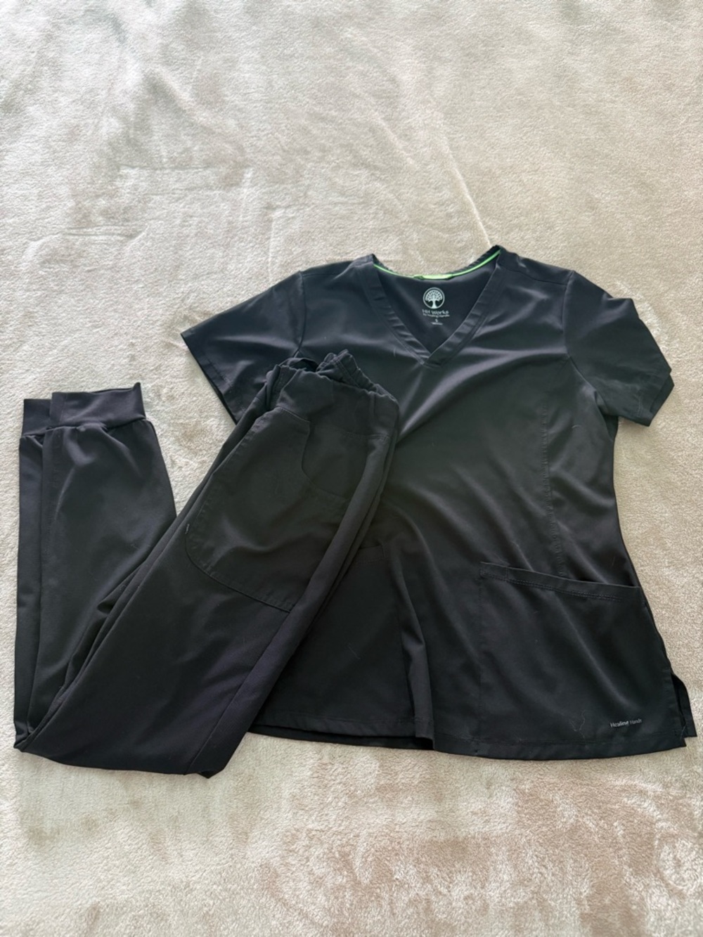 healing hands Black V-Neck Scrub Top with Lime Trim